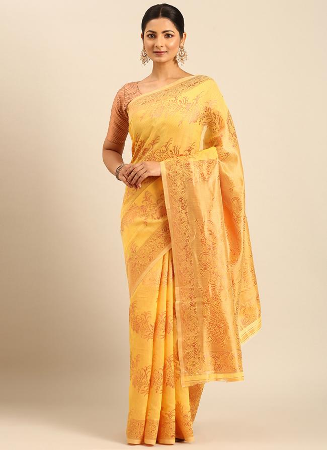 Cotton Yellow Daily Wear Weaving Saree